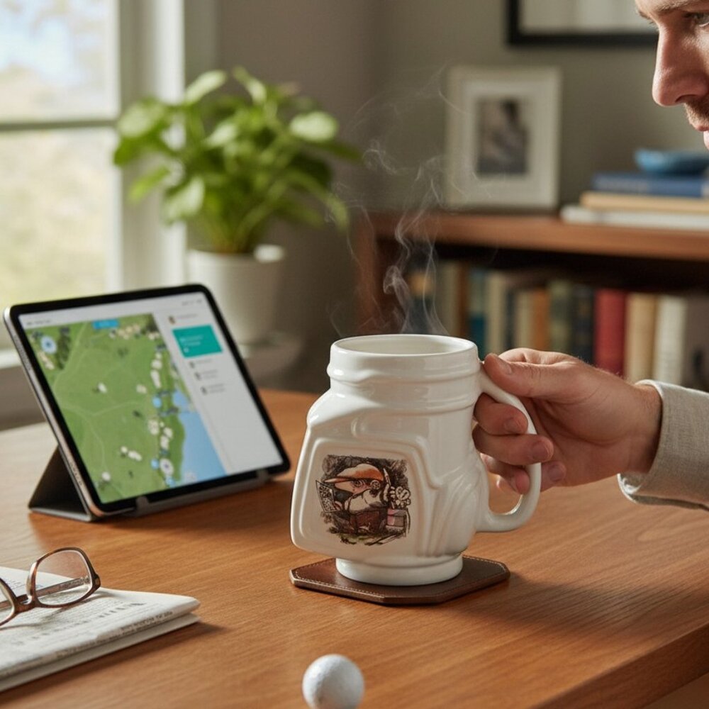 Vintage golf bag coffee mug pencil holder, 1991 novelty Taiwan ceramic, golfer